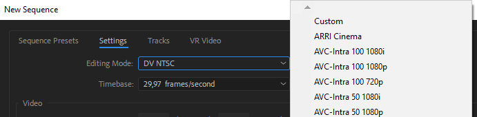 Adobe Premiere Sequence Presets settings