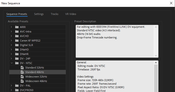 Adobe Premiere Sequence Presets