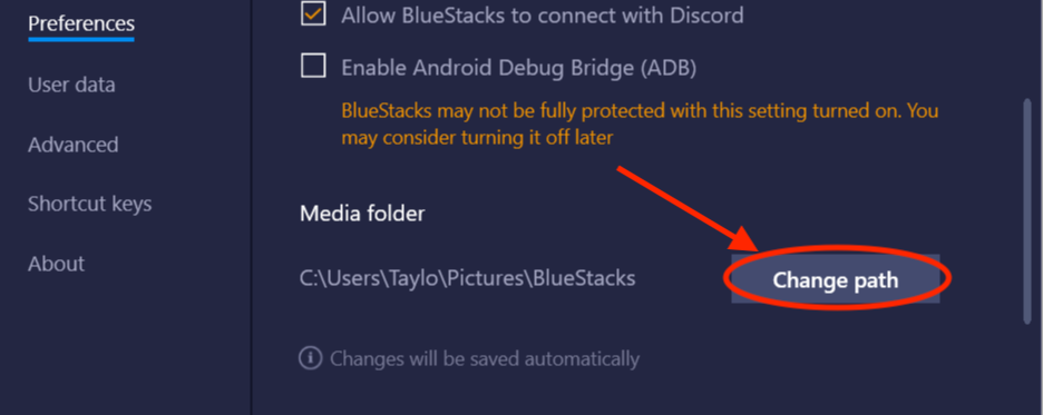 Choose Bluestacks TikTok app settings and click 'change path' button.