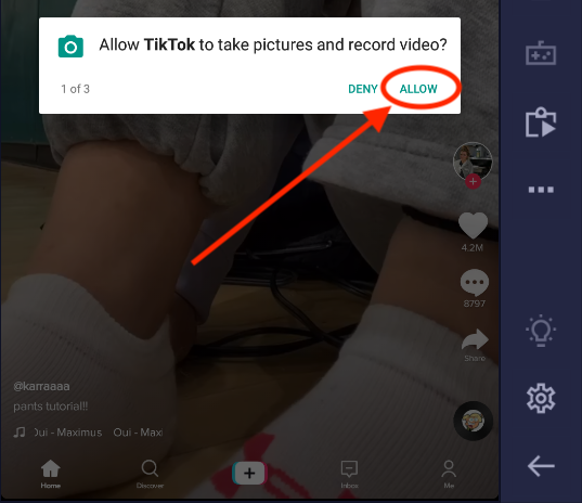 TikTok allow popup via blue stacks