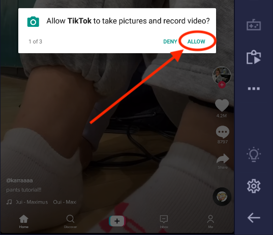 TikTok allow popup via blue stacks 