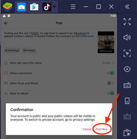 TikTok Confirmation post in blue stacks