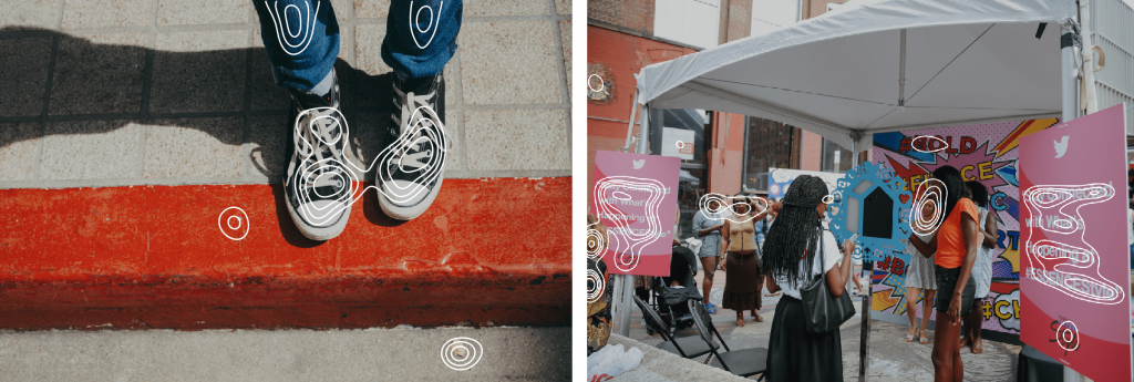 2 stock images of shoes and art exhibition, with areas highlighted to show what is perceived as being of interest