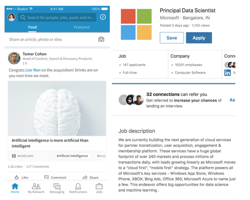 Screenshot of LinkedIn feed and job description pages