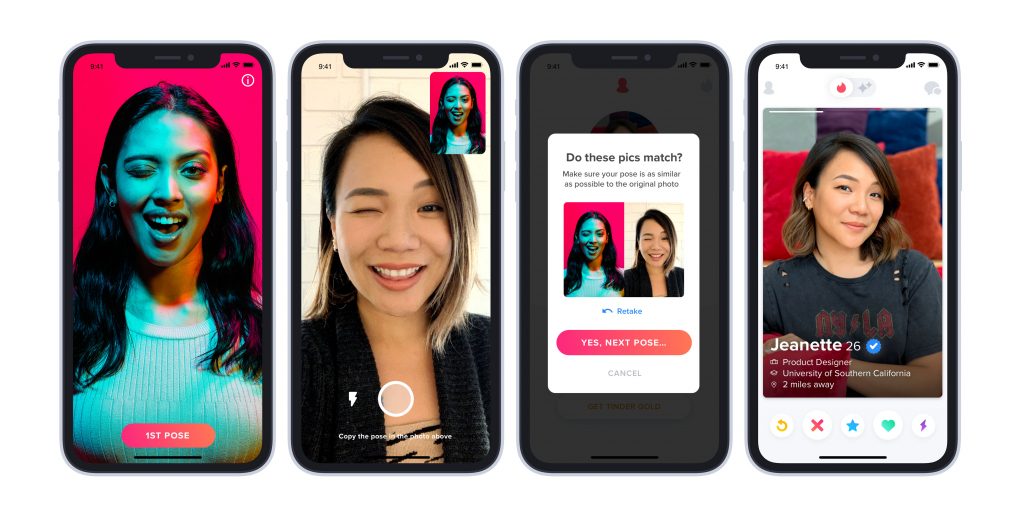 Stock image of 4 phones, displaying faces for photo verification