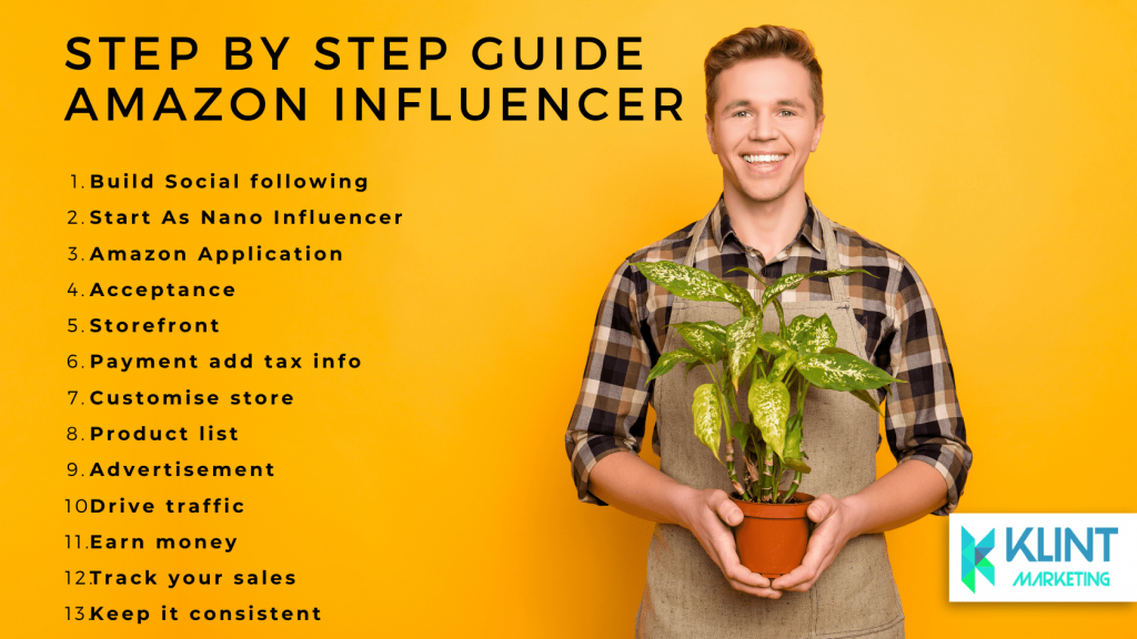 Image of man holding a plant, text overlay "Step by step guide for Amazon influencers"