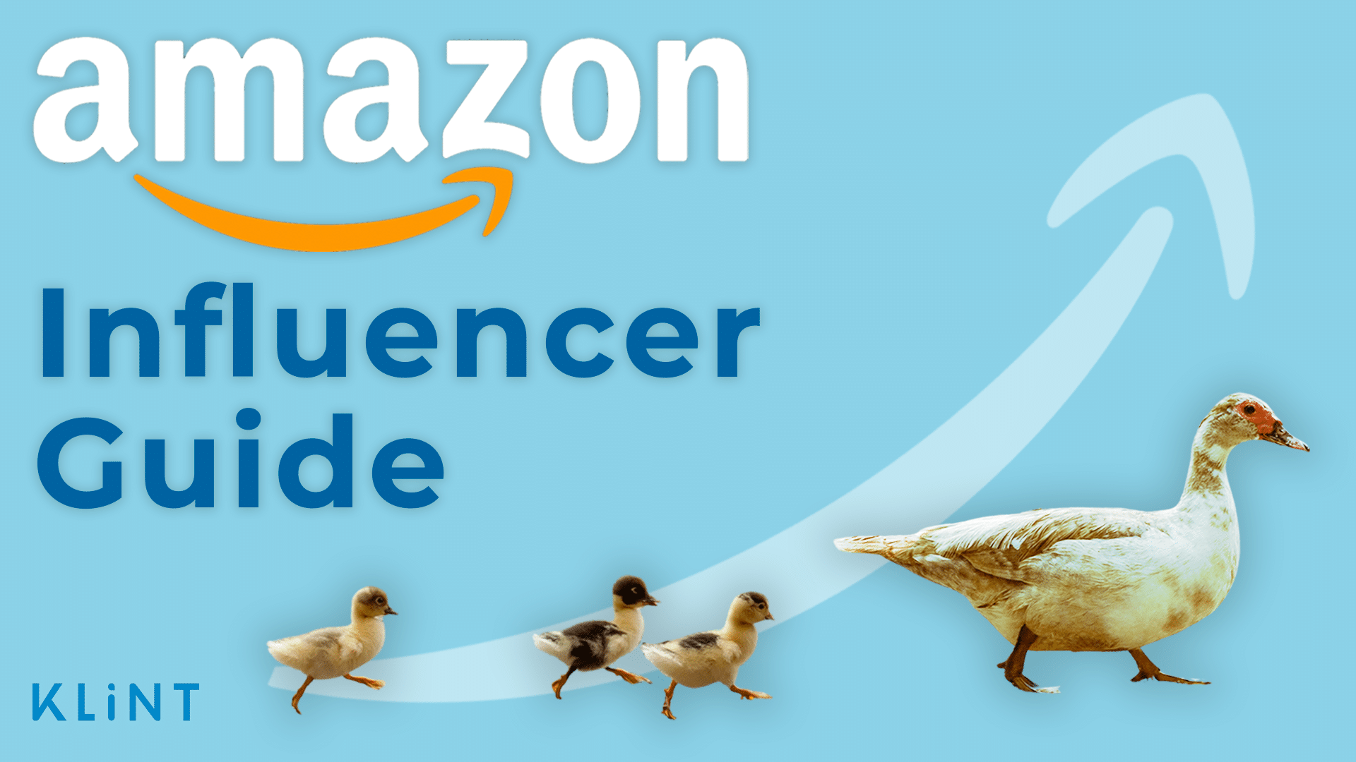 Mother duck followed by baby ducks against blue background. Text overlaid: "Amazon Influencer Guide"
