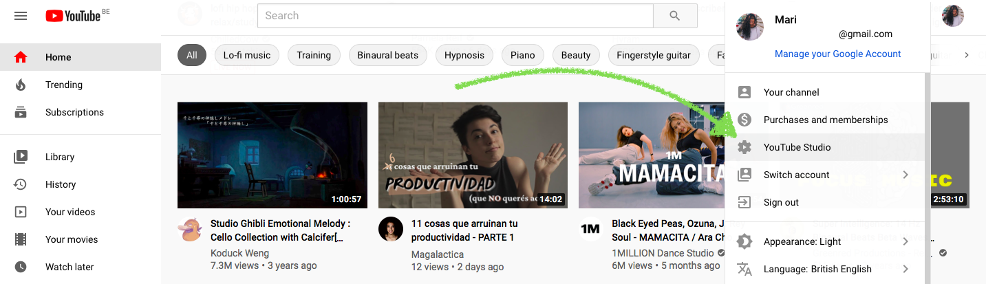 YouTube studio tab