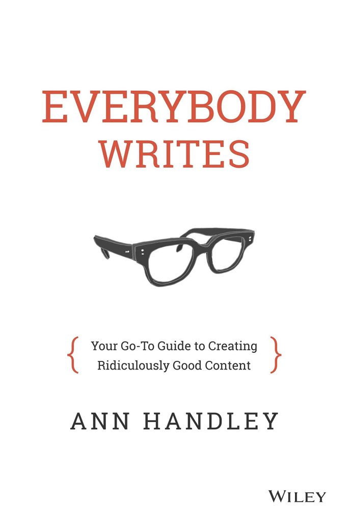 Cover of Everybody Writes, orange and black text on white background with drawing of black glasses