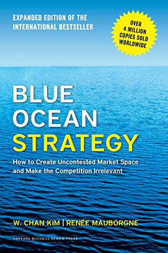 Blue Ocean Strategy text in white and yellow over ocean waves.