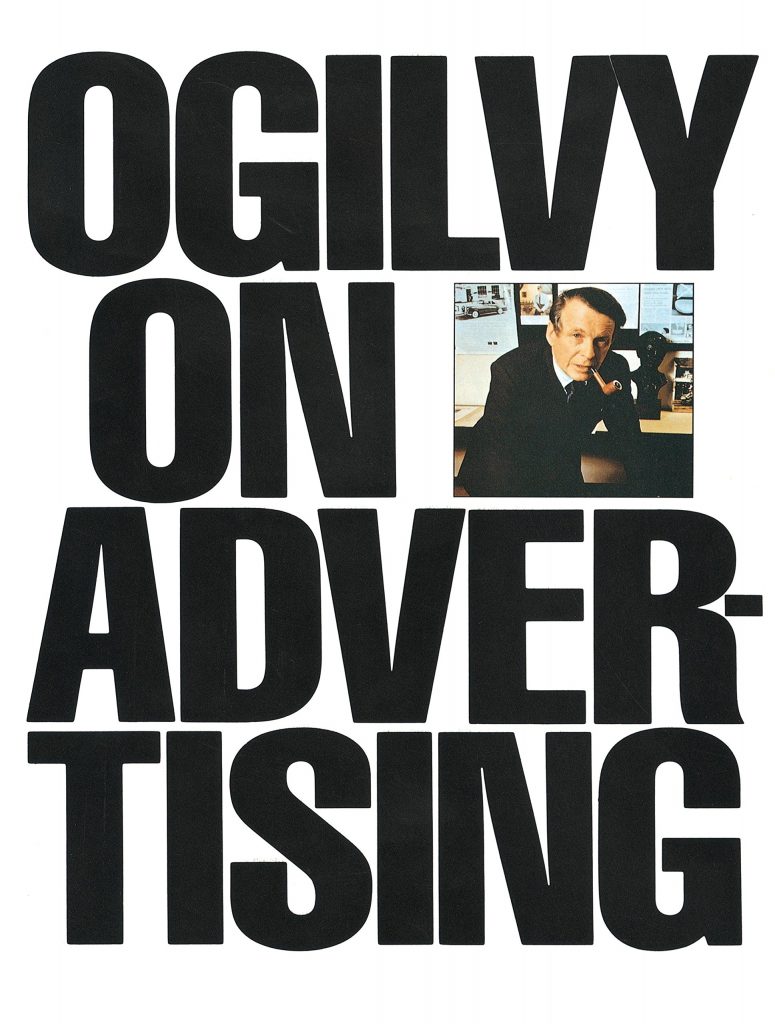 Cover of Ogilvy on Advertising, black and white text with photo of David Ogilvy