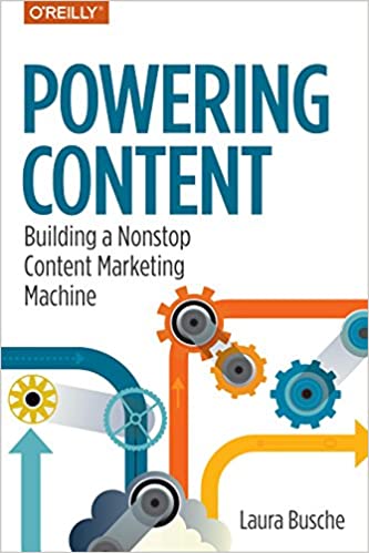 Cover of digital marketing books Power Content, with a graphic of machines and gears on a white background