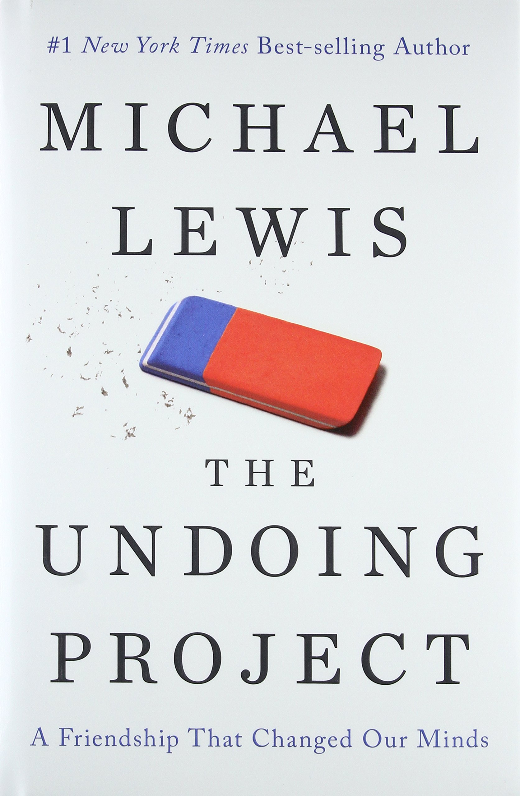 The Undoing Project cover, gray background and image of blue and red eraser.