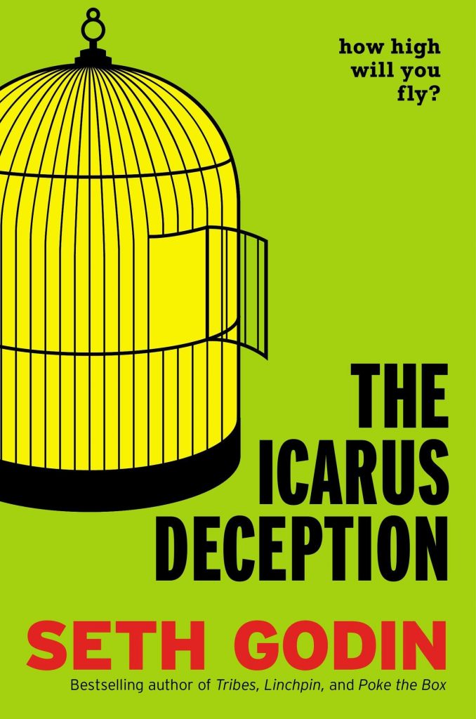 The Icarus Deception cover image - drawing of yellow bird cage on lime green background