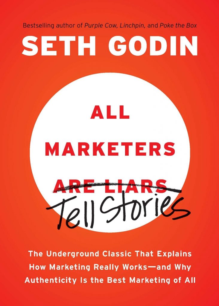 Seth Godin's All Marketers Tell Stories, black ground with white circle.