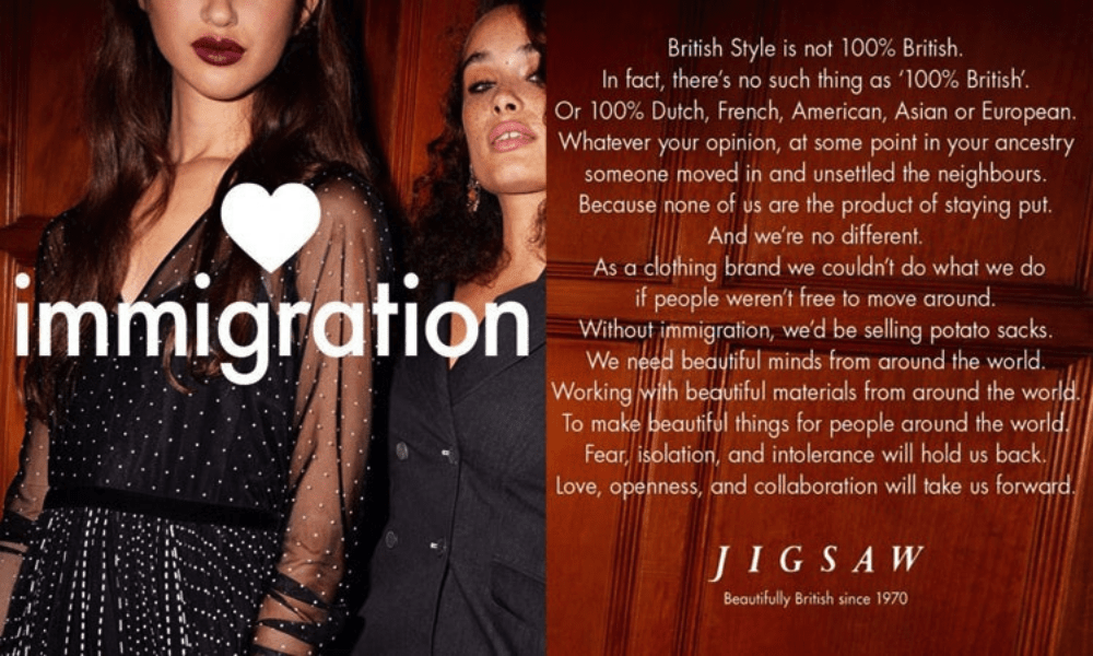 Jigsaw's sustainable 'Love immigration' campaign.