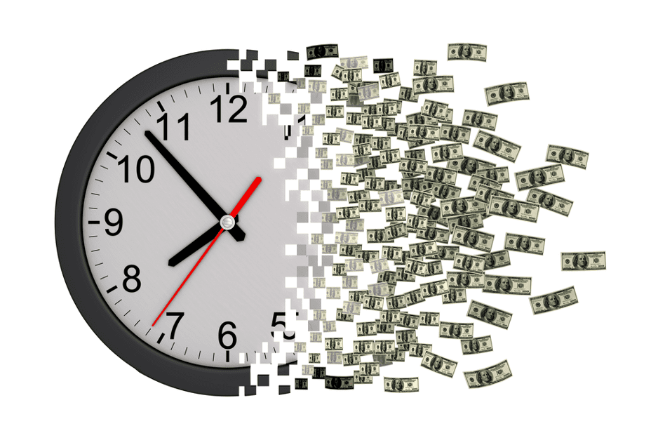 White clock morphing into dollar bills.