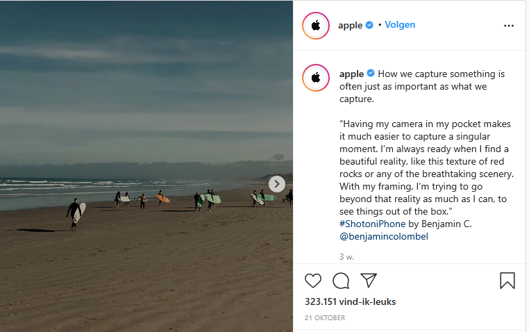 Screenshot of Apple's instagram page, showing a user-generated content post