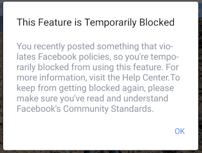 The image with the text notifying that the post has been blocked. The text says: "This Feature is Temporarily Blocked. You recently posted something that violates Facebook policies, so you're temporarily blocked from using this feature. For more information, visit the Help Center. To keep from getting blocked again, please make sure you've read and understand Facebook's Community Standards."
