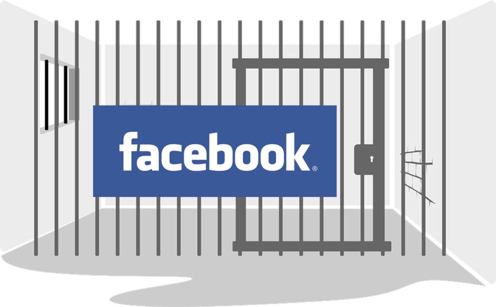 An illustration of a jail cell with Facebook logo in the middle