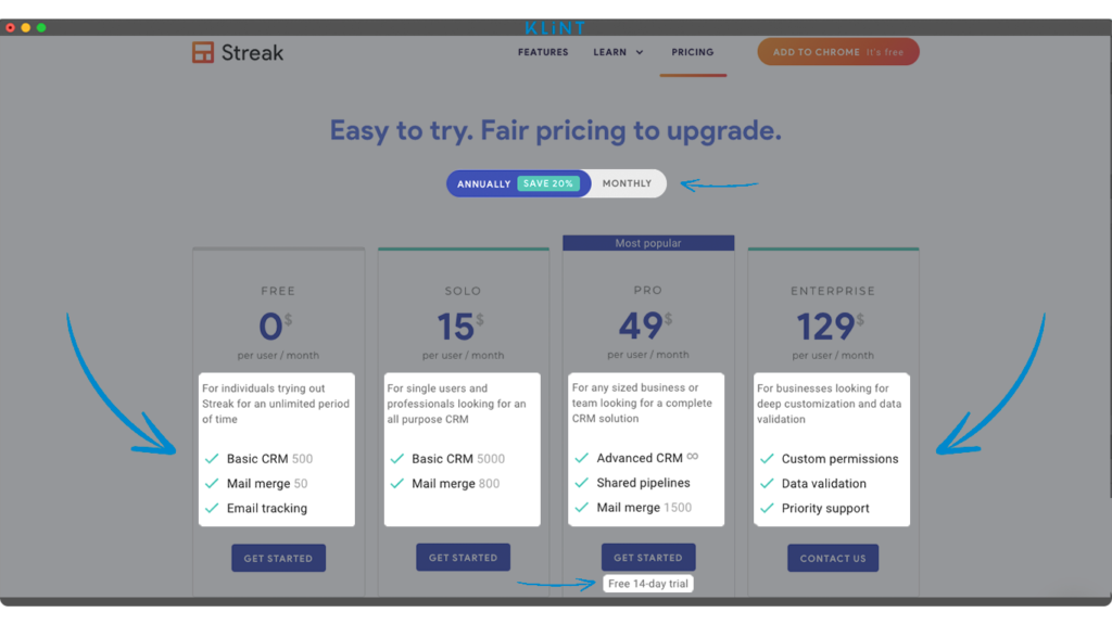 pricing page