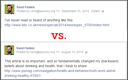 Two screenshots of the same Facebook post. The screenshot shows a post with a short URL link vs. a post with a long URL link.