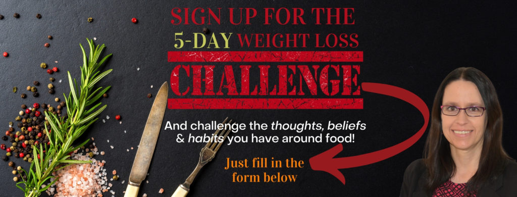 A screenshot of a webpage inviting visitors to sign up for the 5-day weight loss challenge. The invitation is in red and placed in the middle of the screen. The creator's image is on the right and healthy food image on the left.