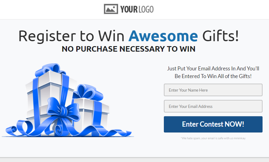 A webpage screenshot showing two presents with blue bows on the left. On the right side is a registration form for entering the contest. The title says: "Register to Win Awesome Gifts!"