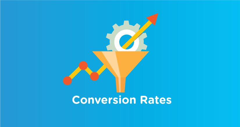 A yellow funnel, grey gear and a yellow and red arrow going up placed in the middle of the blue background. "Conversion Rates" is written below the figures.