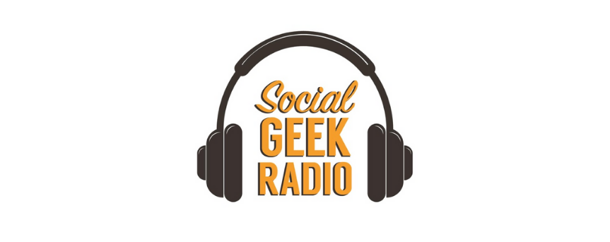 Image showing black headphones over "Social Geek Radio" sign