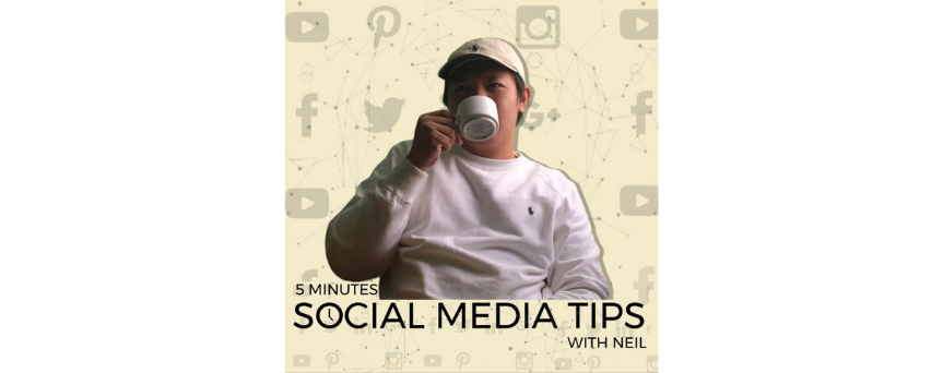 Image of Neil Dimapilis drinking from a cup, on a yellow background. "5 Minutes Social Media Tips" is under him