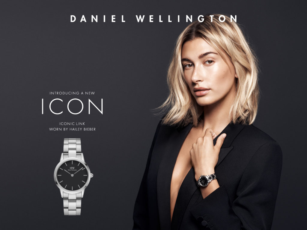 Hailey Bieber's photo taken for Daniel Wellington wathc campaign. 