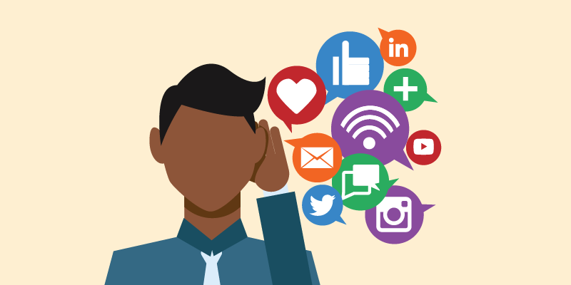 Infographic representing a man listening to various social media feedback.