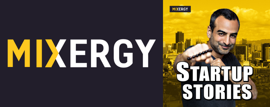 On the right, there's Andrew Warner's picture, while on his right there's written "Mixergy" both in white and yellow
