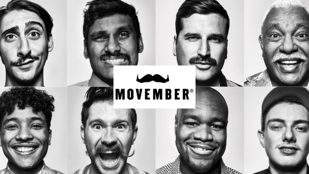 Black and white portraits of eight men with mustache. The logo "Movember" is in the middle of the image.