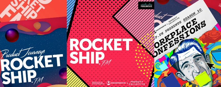 Image background is a red and blue pattern with different elements, with at the center the word "Rocketship.fm" in white
