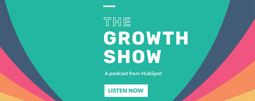 Green and colored background image with at the center "The growth show" written in white