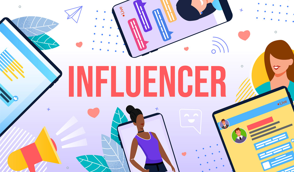 Infographic of four mobile phones, a megaphone, and people. In the middle of the image stands the word "Influencer"