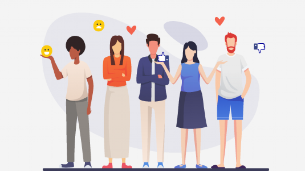 Infographic of five people standing and holding likes, hearts, and emojis. Metaphorical representation of satisfied customers.