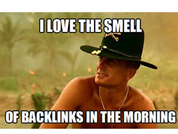 A man in a cowboy hat stares out into the jungle. Text overlaid: "i love the smell of backlinks in the morning"