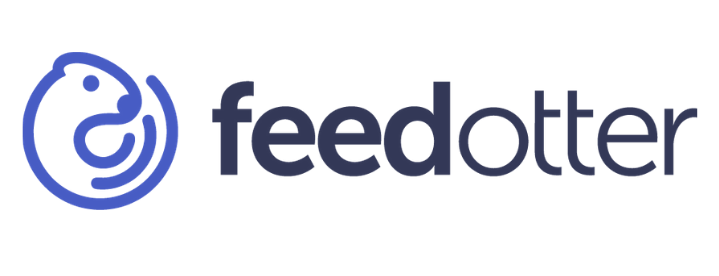 feedotter newsletter tools logo navy text and blue logo on white background