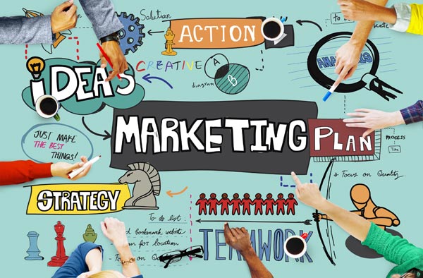 Illustration of a marketing plan that includes ideas, strategy, action, and teamwork.