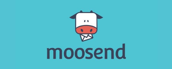moosend newsletter tools logo navy text and cartoon cow on blue background