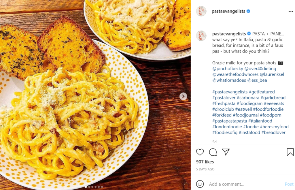 Screenshot of Pasta Evangelists Instagram page showing pasta recipe