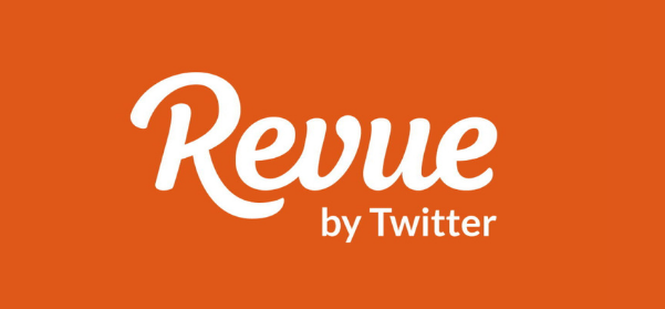 revue email newsletter software logo white text on orange background