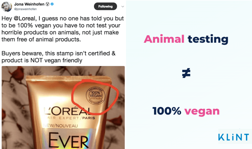 Picture of a Loreal cream tube stating it's Vegan. Animal testing doesn't equal 'vegan'