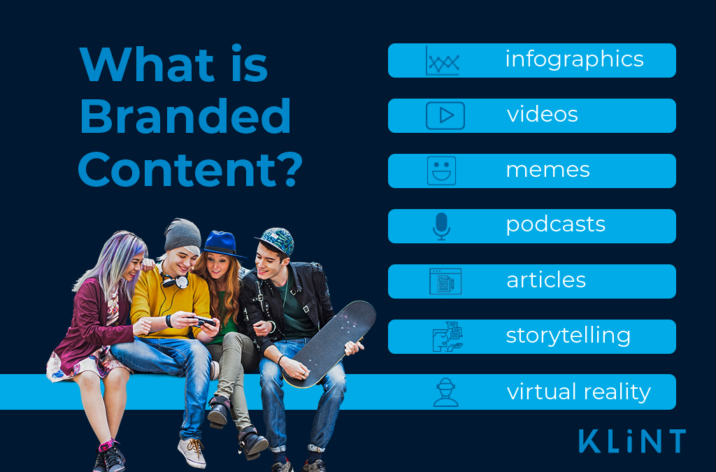 infographic representation of different types of branded content. Text overlaid: "what is branded content?"