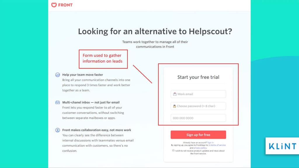 form for free trial on landing page