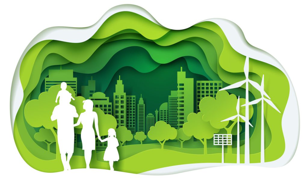 Silhouette of a family with 2 children, who are walking into green and sustainable city.