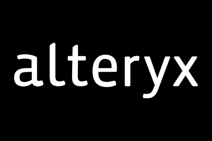 Logo of Alteryx, who produce data analysis tools. White text on black background. 